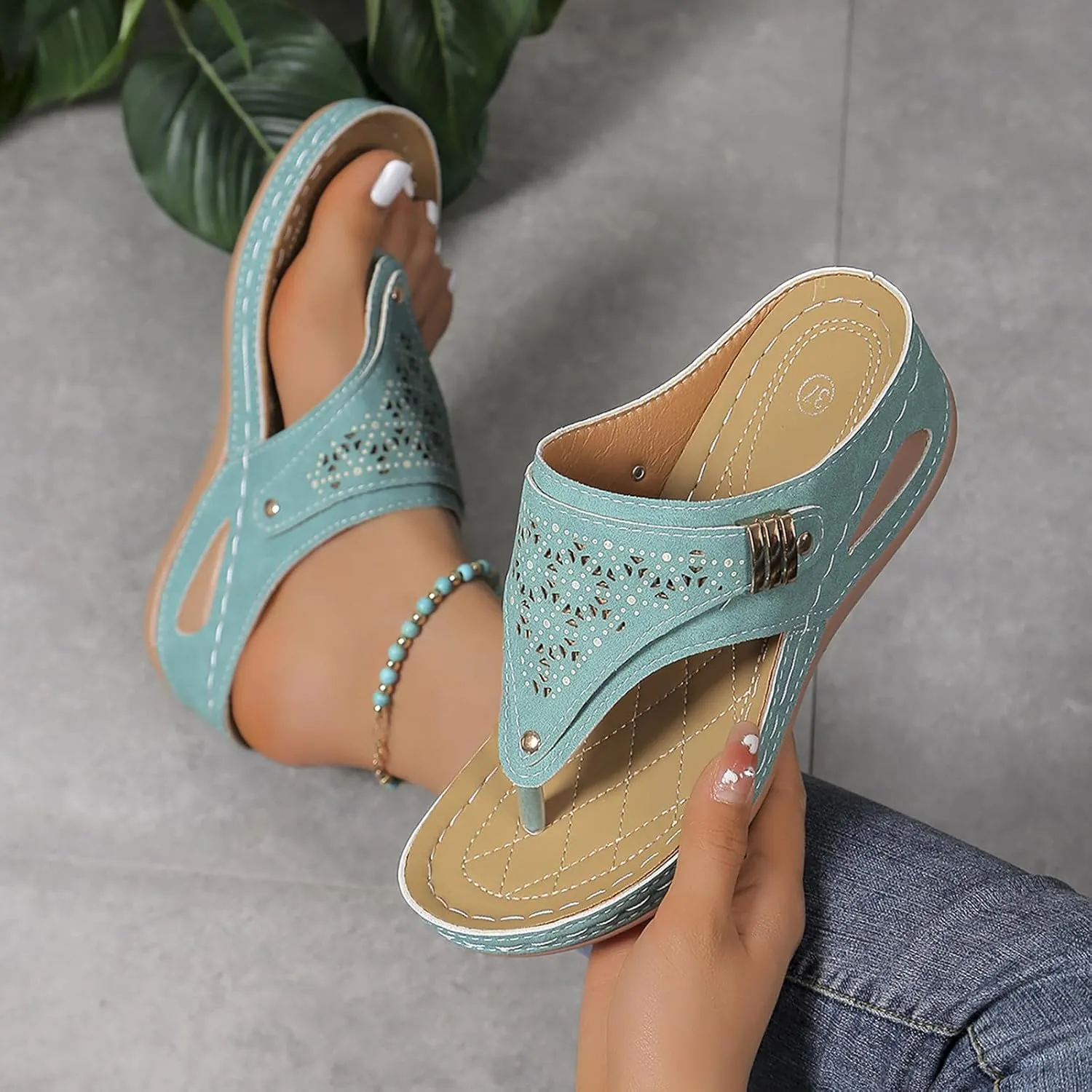 Summer Sandals for Women 2025 Beach Travel Comfortable Orthowalkway Arch Support Hollow Flip Flops Wedge Sandals