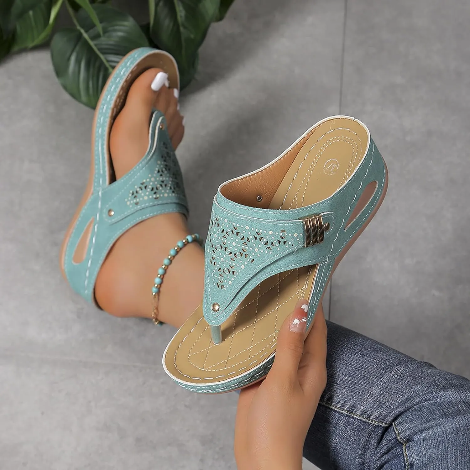 Summer Sandals for Women 2025 Beach Travel Comfortable Orthowalkway Arch Support Hollow Flip Flops Wedge Sandals