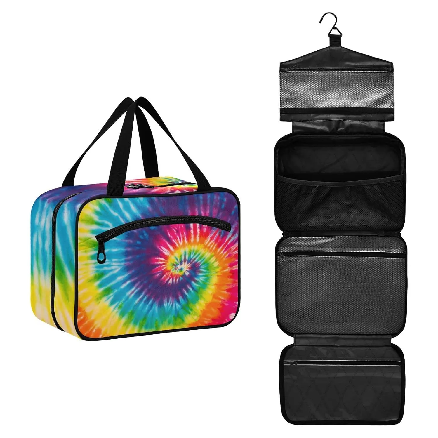 susiyo Chic Colorful Rainbow Tie Dye Toiletry Bags with Hanging Hook Foldable Cosmetic Bag Travel Accessories - Medium