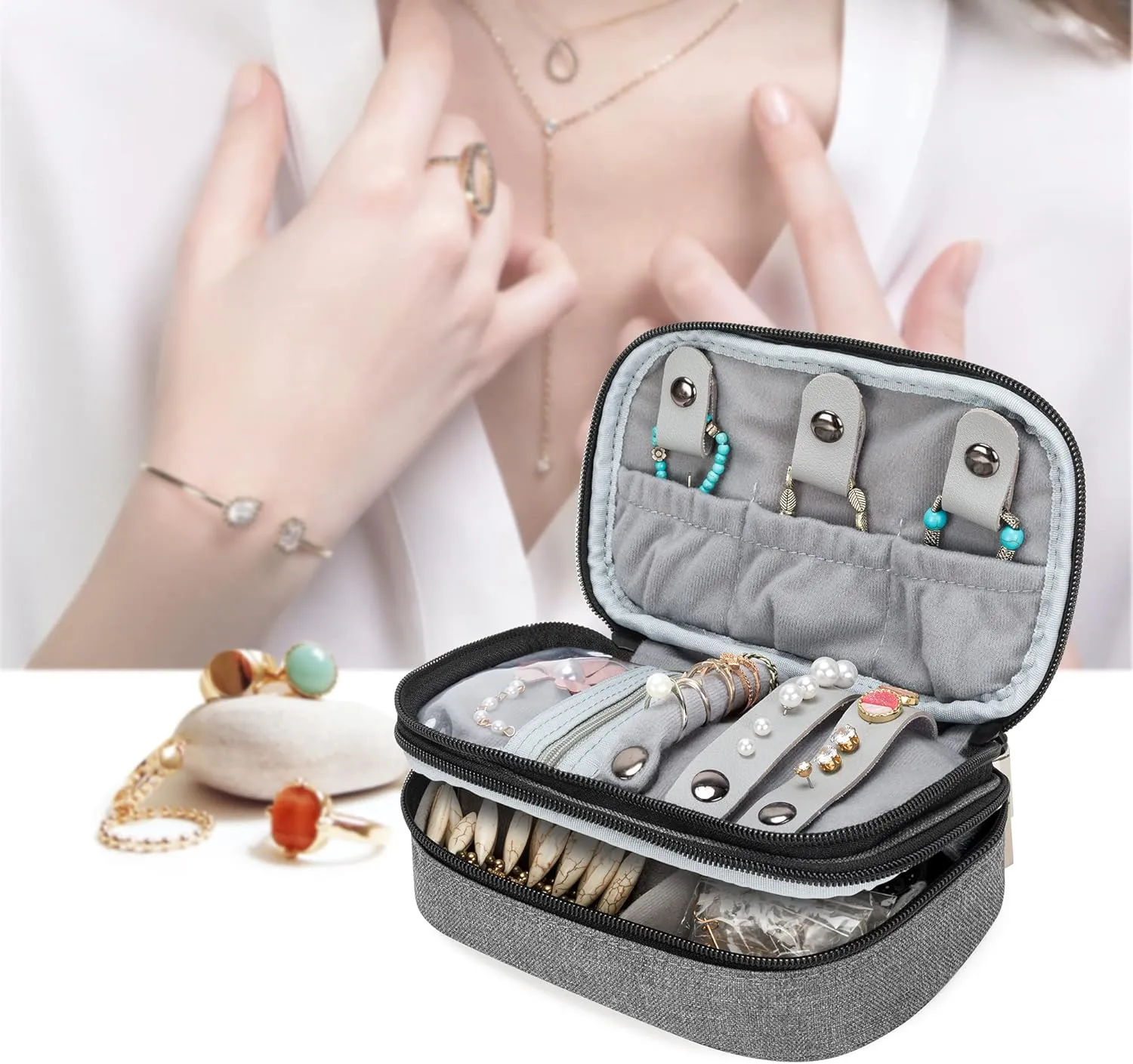 Teamoy Travel Jewelry Case,Small Jewelry Storage Organizer Bag for Womens Necklace, Earrings, Rings and Accessories