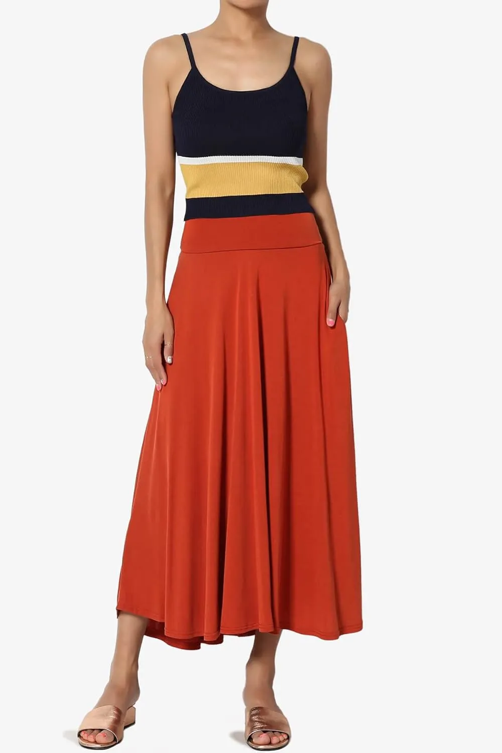 TheMogan Solid or Printed Mesh Overlay Elastic Waist Pleated A-Line Long Maxi Skirt