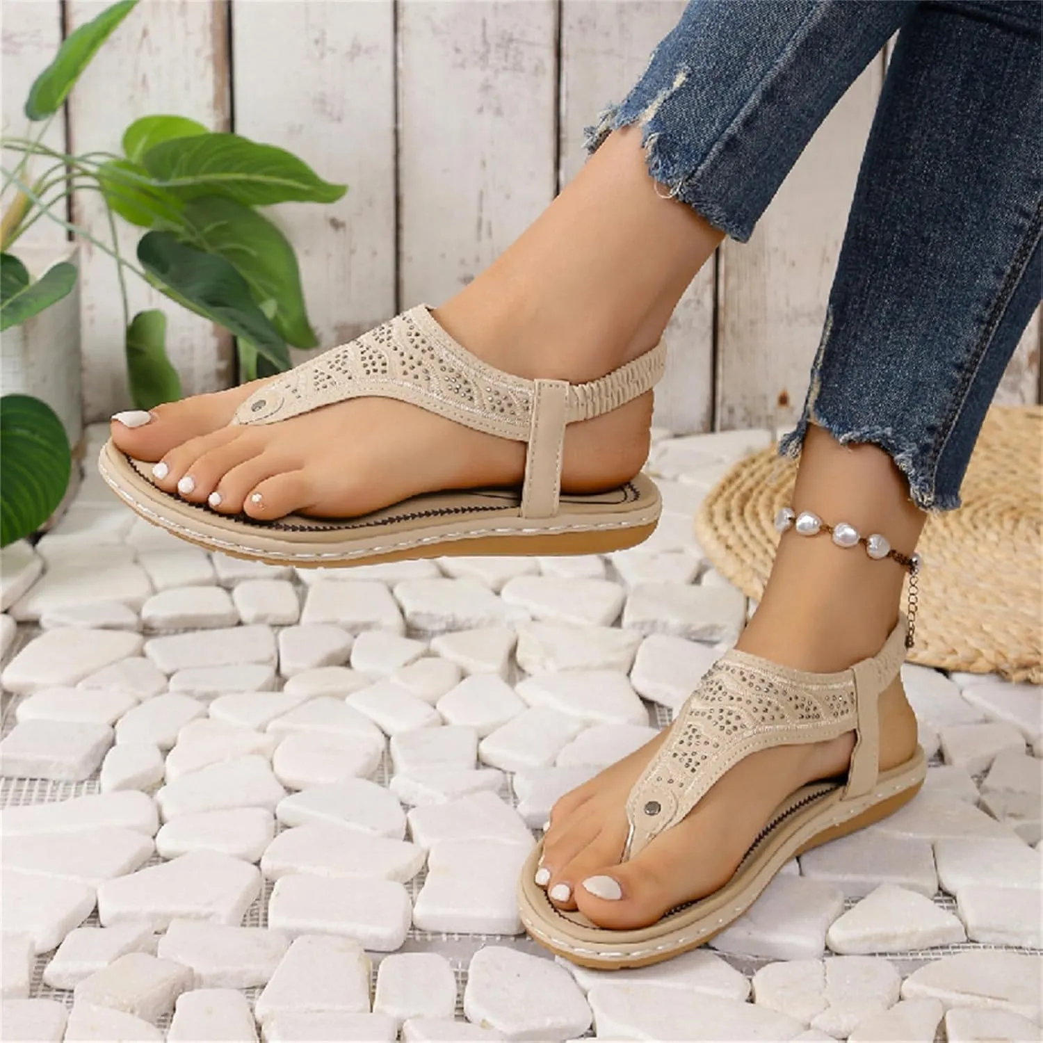 Thong Flat Sandals, Casual Women T-Strap Dress Sandals Comfortable Orthopedic Open Toe Slides Sandal T-Strap and Elastic Ankle Strap Summer Beach Walking Shoes