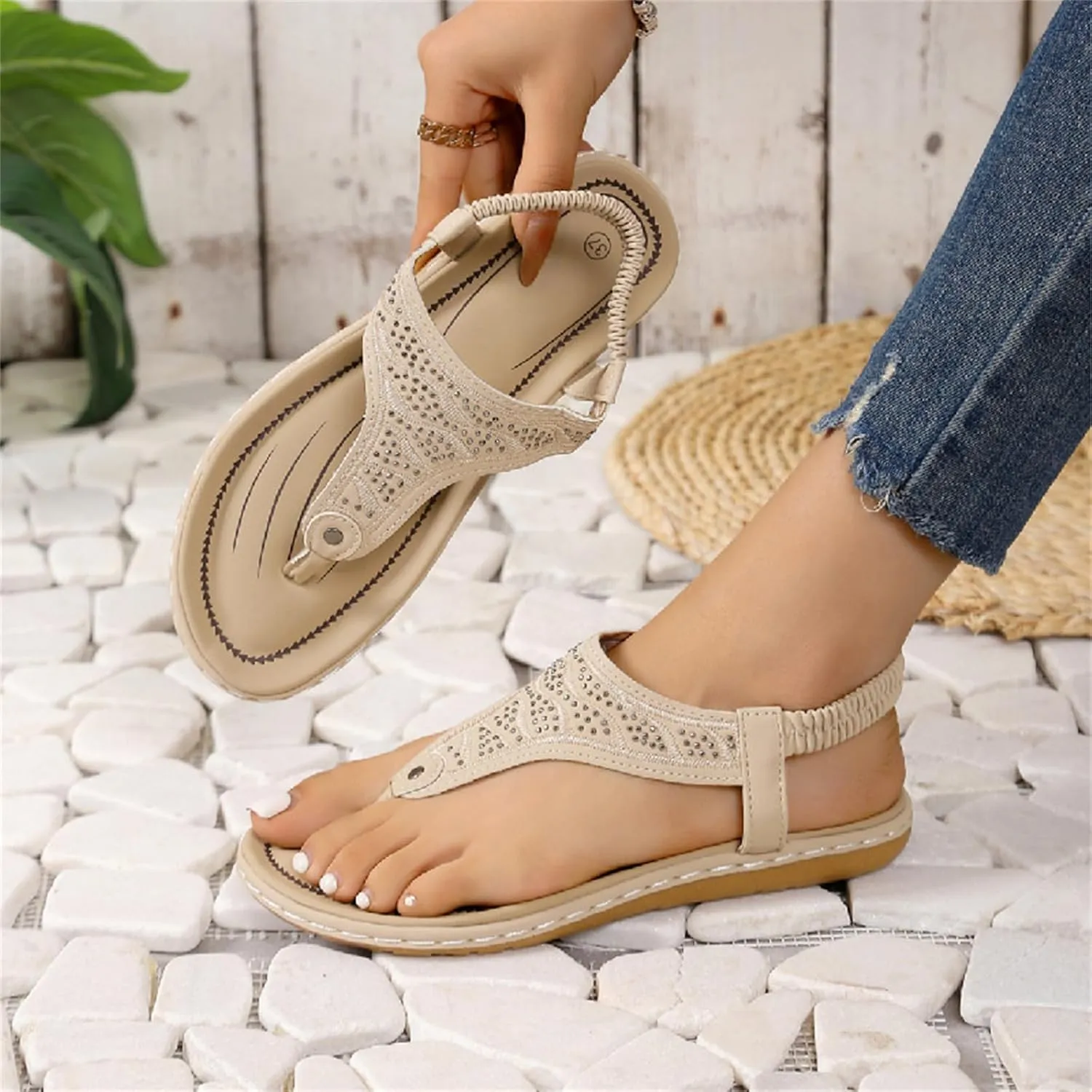 Thong Flat Sandals, Casual Women T-Strap Dress Sandals Comfortable Orthopedic Open Toe Slides Sandal T-Strap and Elastic Ankle Strap Summer Beach Walking Shoes