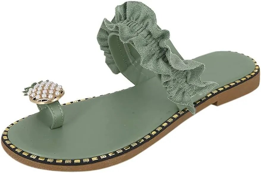 Thong Sandals for Women 2025 Dressy Pineapple Pearl Decoration Open Toe Flats Casual Summer Flip Flops Lightweight Walking Shoes for Beach Vacation Ladies Slip On Slippers