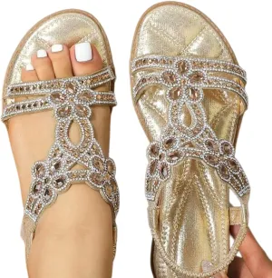 Thong Sandals for Women Rhinestones Elastic T Strap Flip Flops Flats Ladies Boho Summer Low Heel Casual Flat Shoes Rhinestone Trendy Sparkling Comfortable Beaded Bohemian Sandals 2025