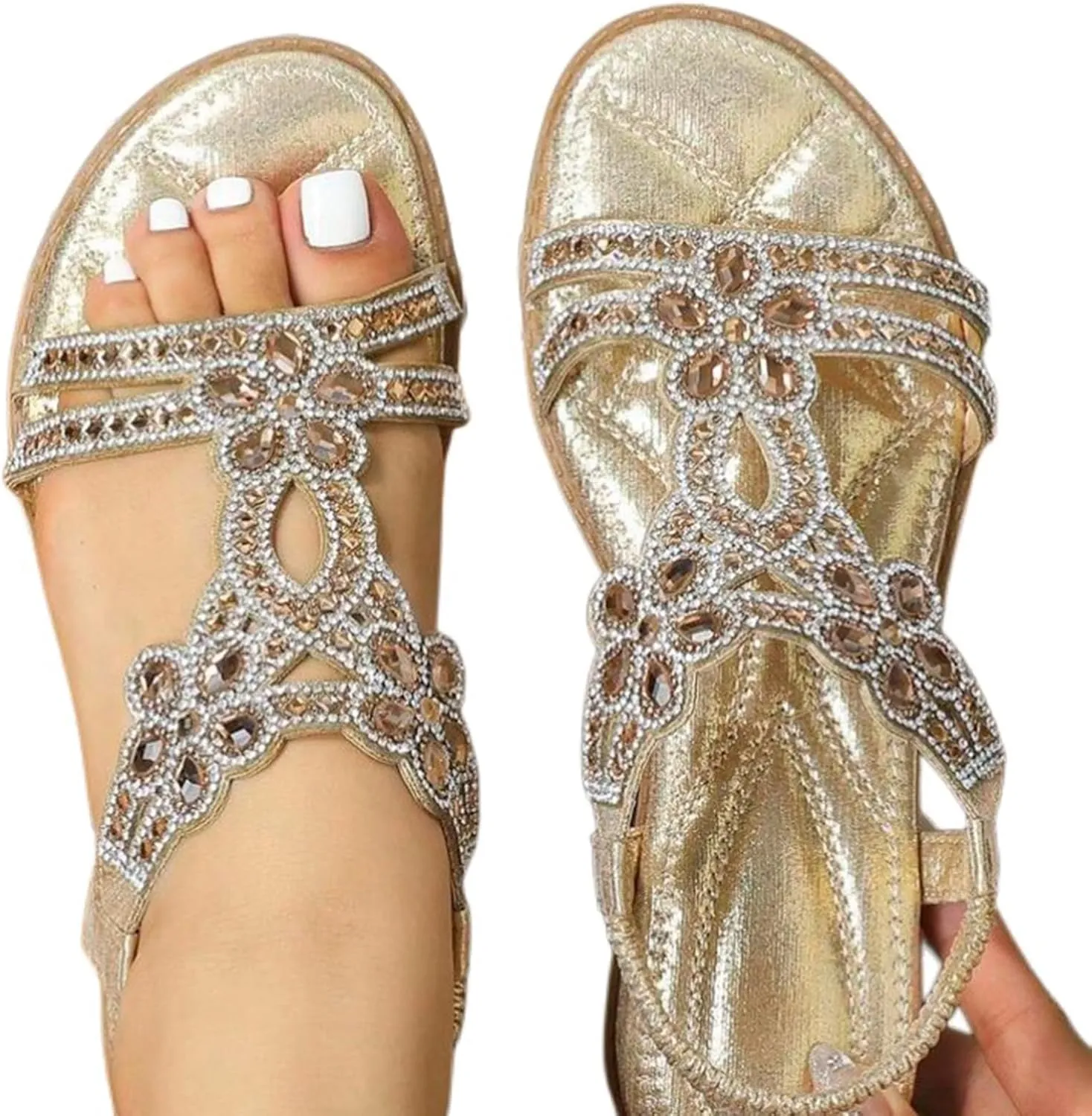 Thong Sandals for Women Rhinestones Elastic T Strap Flip Flops Flats Ladies Boho Summer Low Heel Casual Flat Shoes Rhinestone Trendy Sparkling Comfortable Beaded Bohemian Sandals 2025