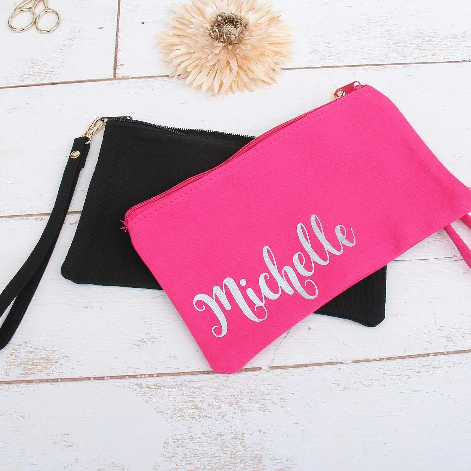 Threadart Personalized Cotton Canvas Small Wristlet Bag Make-up Organizer Makeup Bag - 100% Cotton Heavy Duty Canvas 5"x9" - Navy