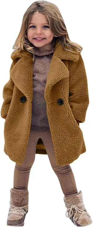 Toddler Baby Girls Coat Winter Fuzzy Fleece Sherpa Jacket Thick Button Down Cardigan Trench Lapel Parka Kids Coats