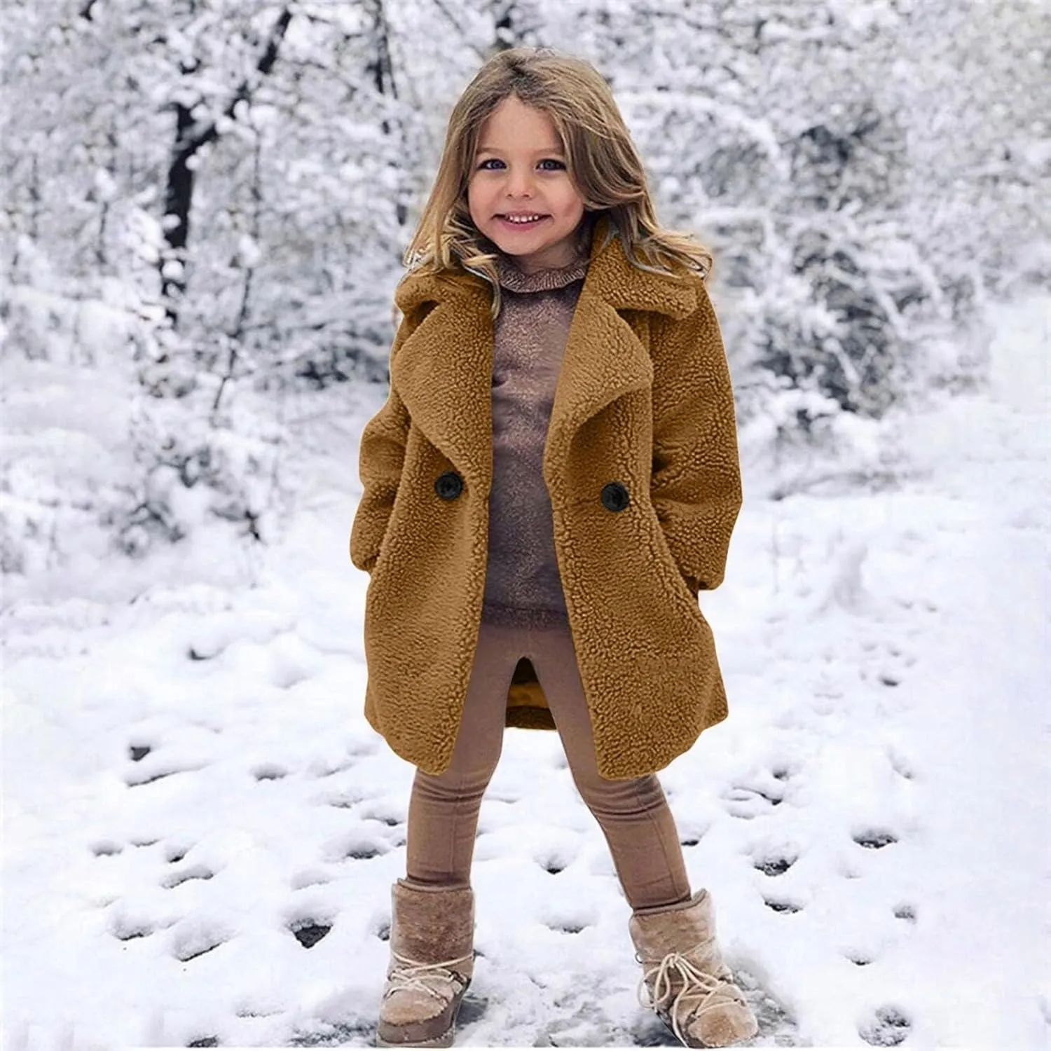 Toddler Baby Girls Coat Winter Fuzzy Fleece Sherpa Jacket Thick Button Down Cardigan Trench Lapel Parka Kids Coats