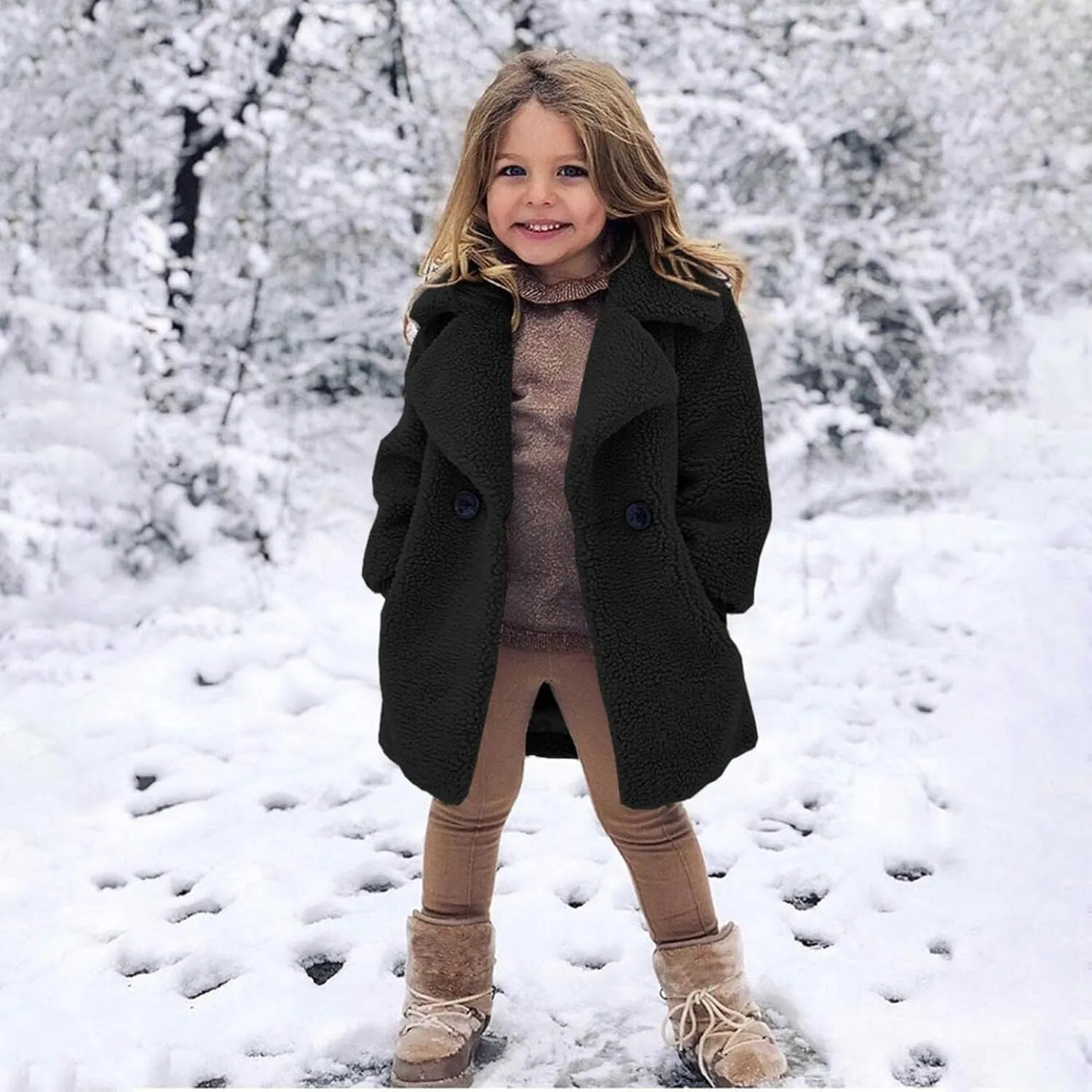 Toddler Baby Girls Coat Winter Fuzzy Fleece Sherpa Jacket Thick Button Down Cardigan Trench Lapel Parka Kids Coats