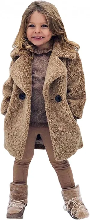 Toddler Baby Girls Coat Winter Fuzzy Fleece Sherpa Jacket Thick Button Down Cardigan Trench Lapel Parka Kids Coats
