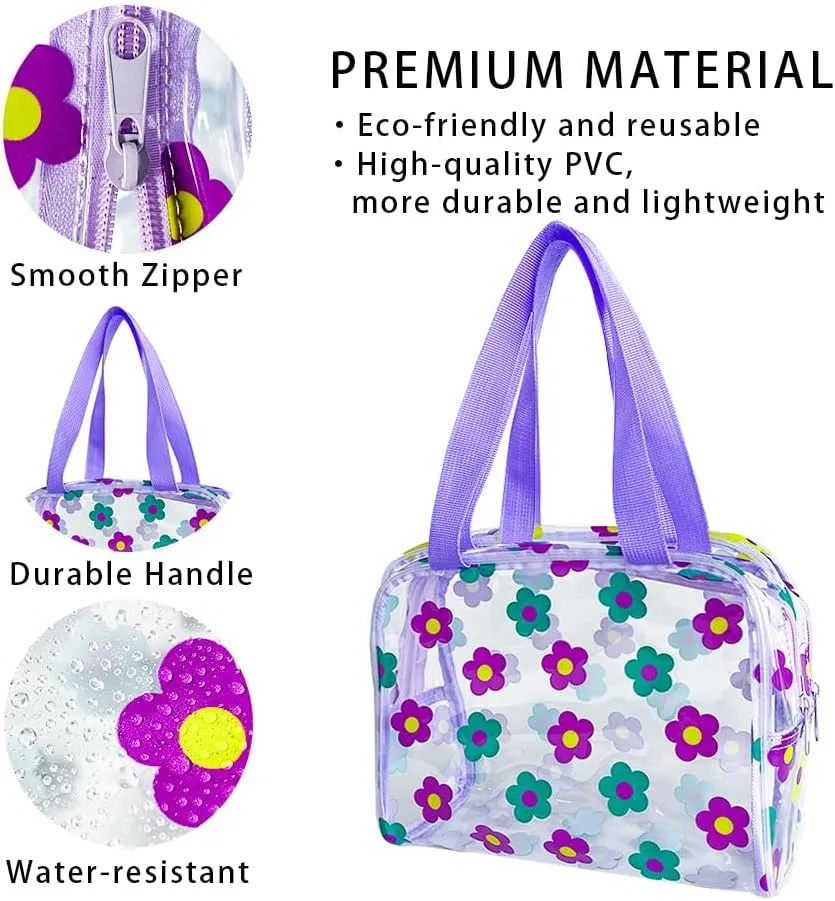 TotePrint Clear Floral Hand Bag and Travel Cosmetics Pouch with Handle,Durable Waterproof PVC Versatile Smooth Zipper Design (Purple Green)