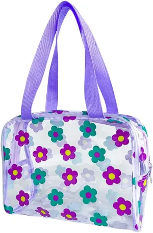 TotePrint Clear Floral Hand Bag and Travel Cosmetics Pouch with Handle,Durable Waterproof PVC Versatile Smooth Zipper Design (Purple Green)