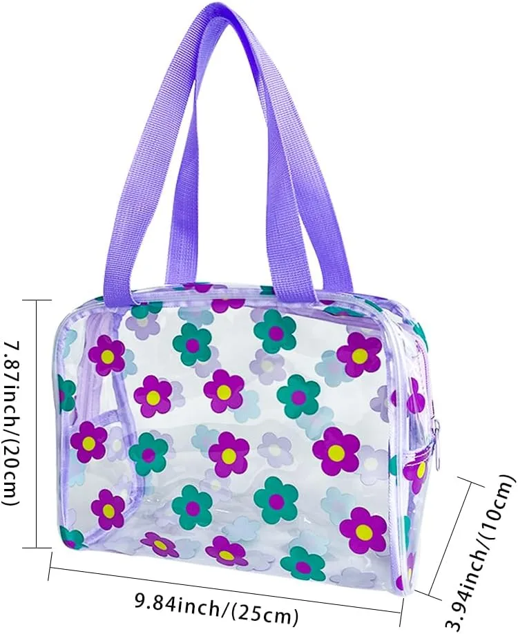 TotePrint Clear Floral Hand Bag and Travel Cosmetics Pouch with Handle,Durable Waterproof PVC Versatile Smooth Zipper Design (Purple Green)