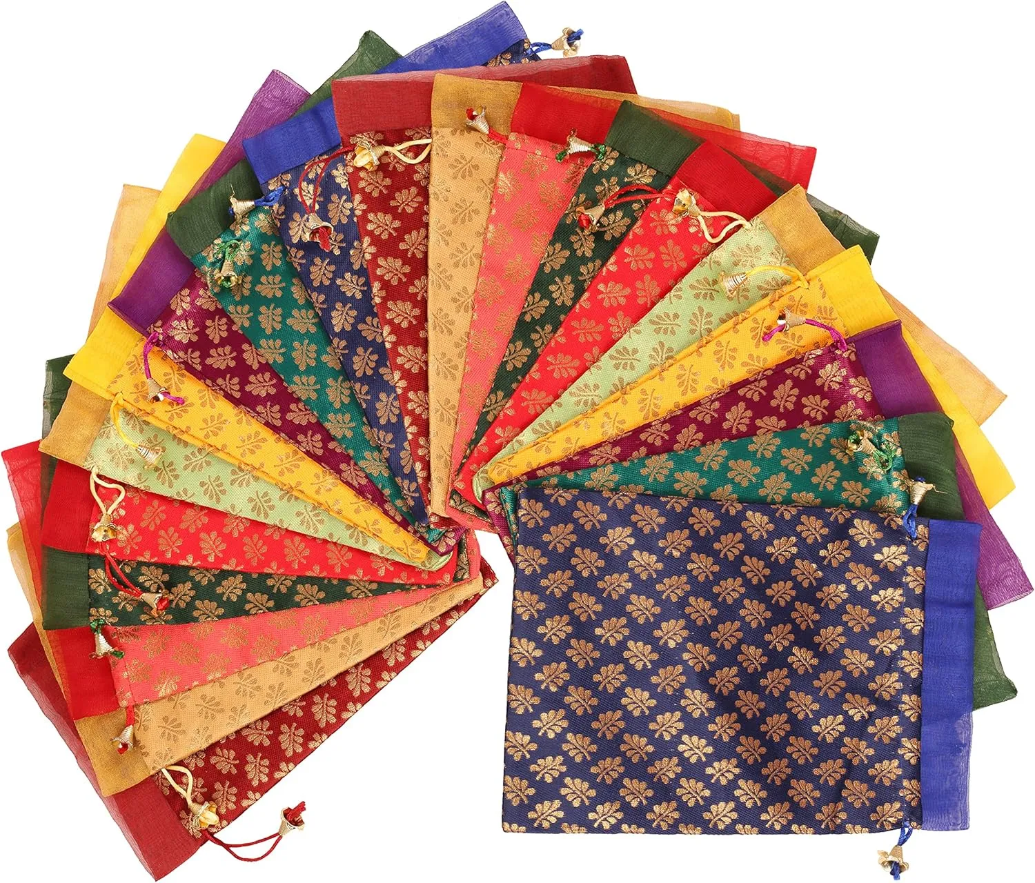 Touchstone Drawstring Bags Traditional Indian Handcrafted in Mimosa leaf Pattern Brocade fabric. Perfect for Gifts Jewelry Weddings Sweet Distribution Set of 20 Vibrant Multicolor Pouches Purses Potli