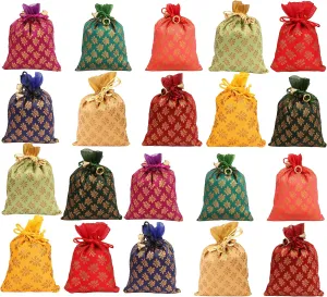 Touchstone Drawstring Bags Traditional Indian Handcrafted in Mimosa leaf Pattern Brocade fabric. Perfect for Gifts Jewelry Weddings Sweet Distribution Set of 20 Vibrant Multicolor Pouches Purses Potli