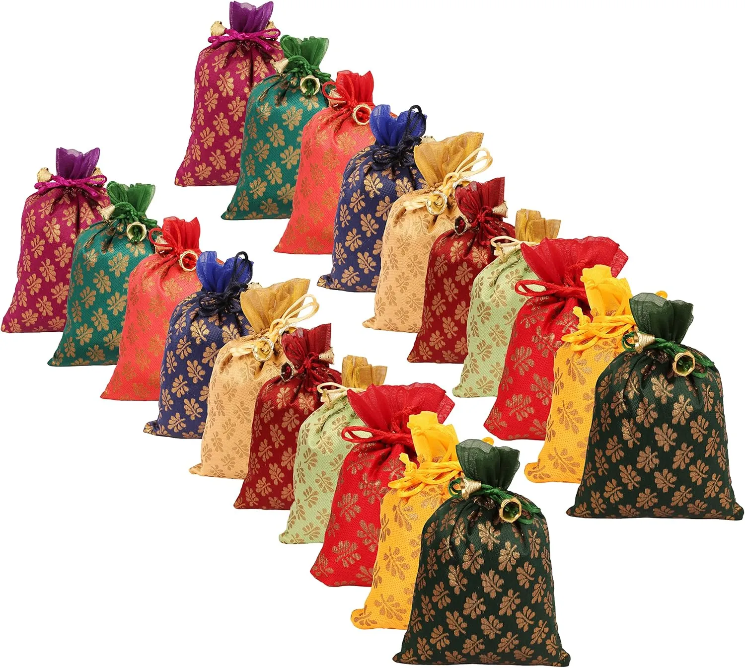 Touchstone Drawstring Bags Traditional Indian Handcrafted in Mimosa leaf Pattern Brocade fabric. Perfect for Gifts Jewelry Weddings Sweet Distribution Set of 20 Vibrant Multicolor Pouches Purses Potli