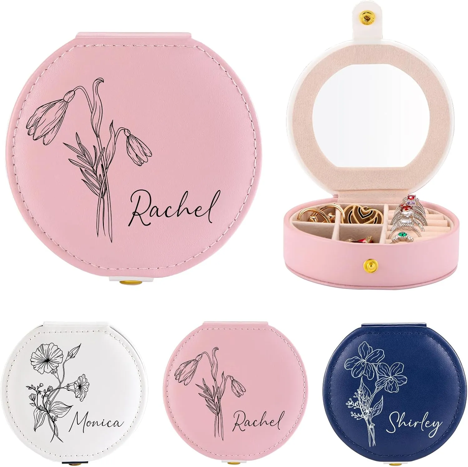Travel Jewelry Box with Mirror, Personalized Jewelry Box with Birth Flower and Name, Portable Small Travel Jewelry Case, Bridesmaid Gifts Birthday Gifts, Personalized Gifts for Women Girls