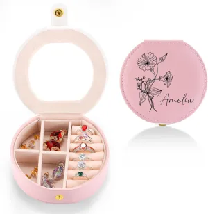 Travel Jewelry Box with Mirror, Personalized Jewelry Box with Birth Flower and Name, Portable Small Travel Jewelry Case, Bridesmaid Gifts Birthday Gifts, Personalized Gifts for Women Girls