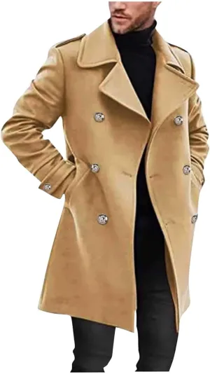 Trench Coat Men Mid Length Wool Coat Double Breasted Peacoat Lapel Open Front Cardigan Winter Outwear with Pockets