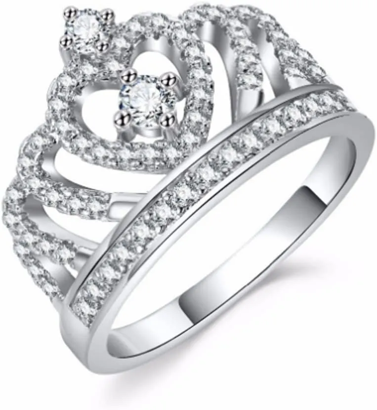 UKQBUNX 925 Sterling Silver Women's Crown Princess Queen Ring Slightly Inlaid with Diamond Zircon CZ Women's Precious Heart-Shaped Jewelry Jewelry Jewelry Size 6-10 (Size 9)