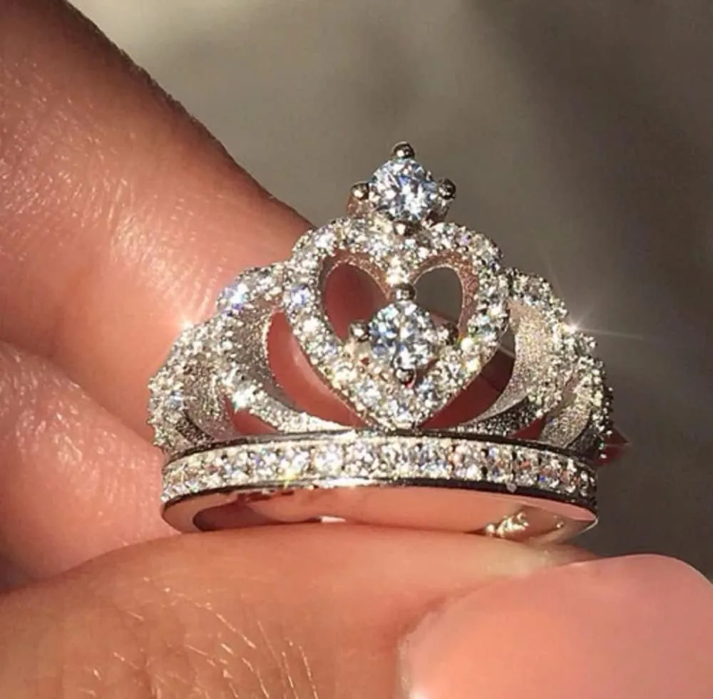 UKQBUNX 925 Sterling Silver Women's Crown Princess Queen Ring Slightly Inlaid with Diamond Zircon CZ Women's Precious Heart-Shaped Jewelry Jewelry Jewelry Size 6-10 (Size 9)