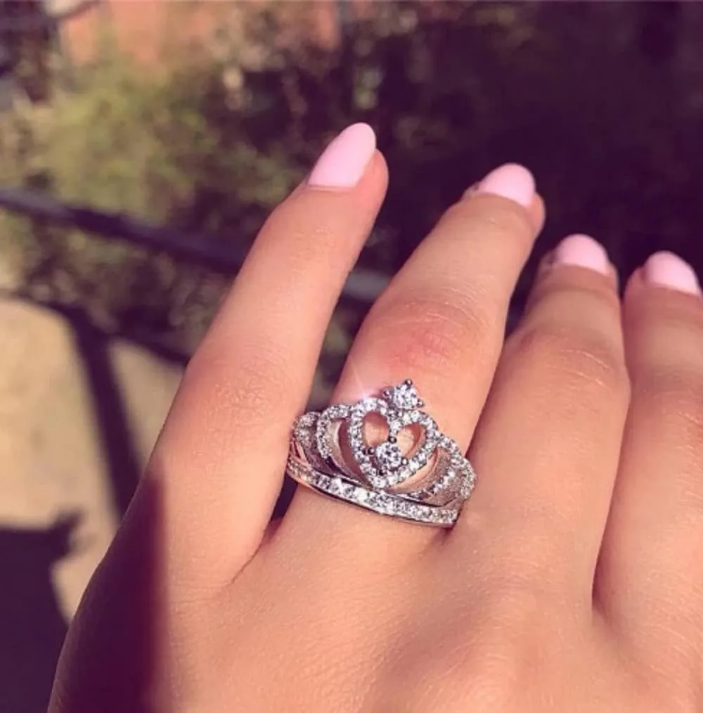 UKQBUNX 925 Sterling Silver Women's Crown Princess Queen Ring Slightly Inlaid with Diamond Zircon CZ Women's Precious Heart-Shaped Jewelry Jewelry Jewelry Size 6-10 (Size 9)