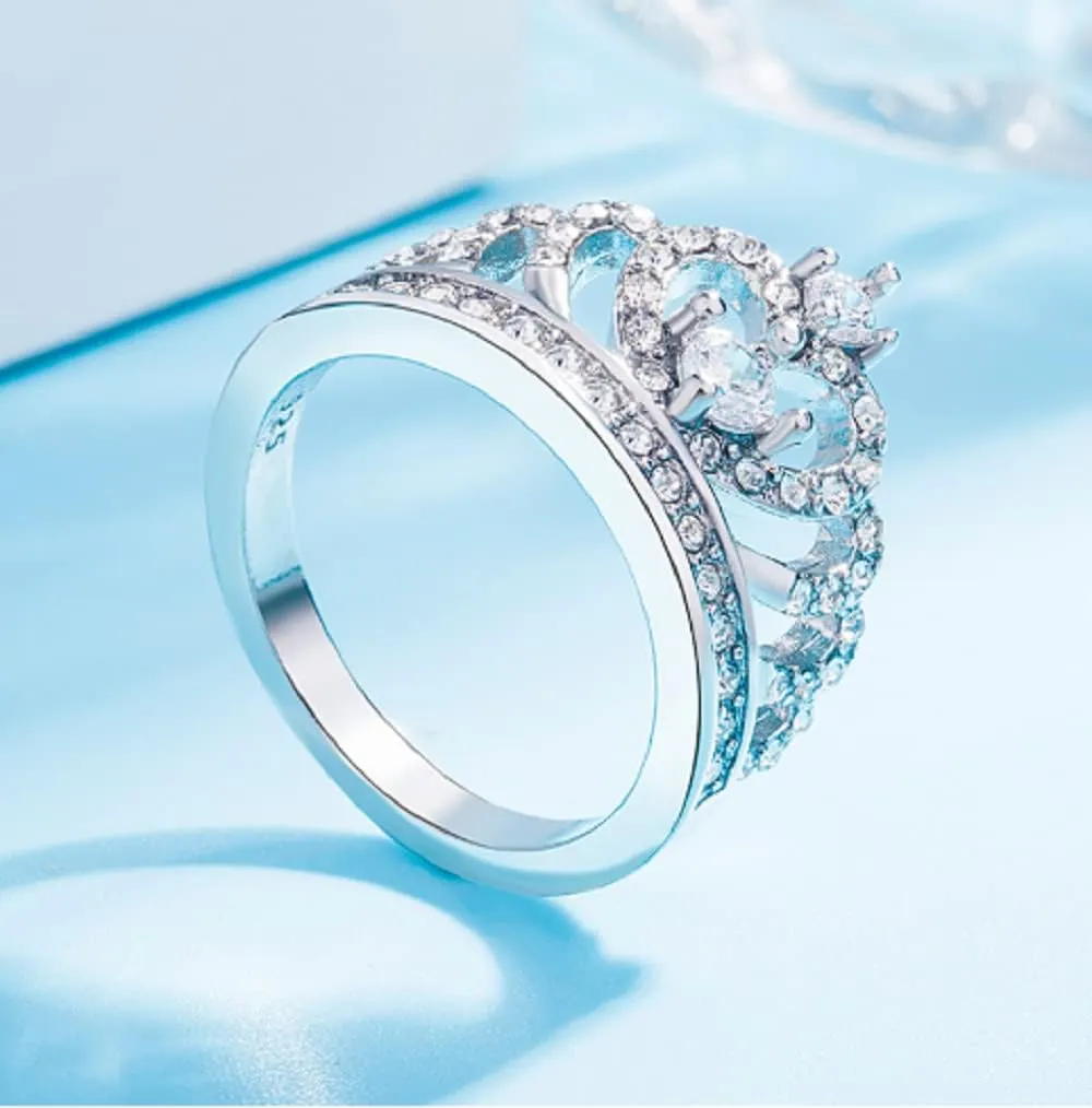 UKQBUNX 925 Sterling Silver Women's Crown Princess Queen Ring Slightly Inlaid with Diamond Zircon CZ Women's Precious Heart-Shaped Jewelry Jewelry Jewelry Size 6-10 (Size 9)