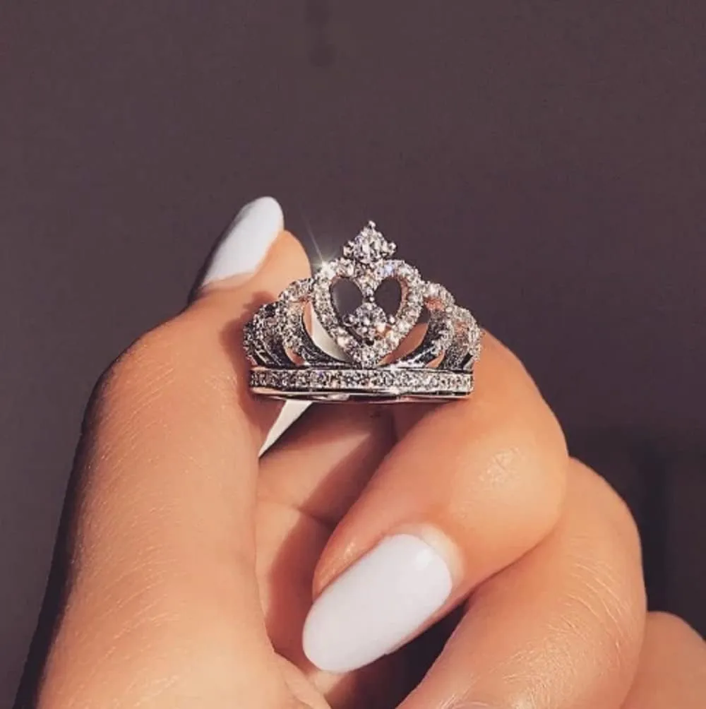 UKQBUNX 925 Sterling Silver Women's Crown Princess Queen Ring Slightly Inlaid with Diamond Zircon CZ Women's Precious Heart-Shaped Jewelry Jewelry Jewelry Size 6-10 (Size 9)