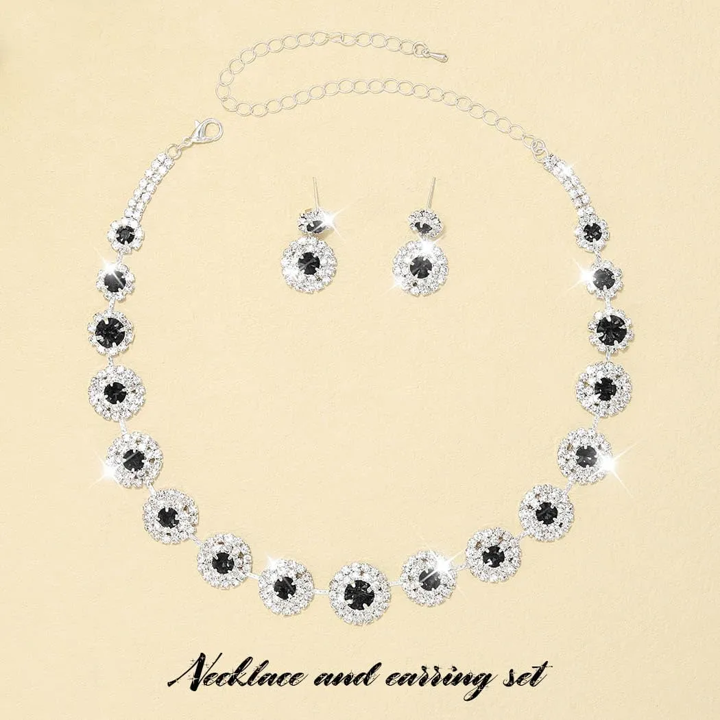 Unicra Bridal Wedding Jewelry Set Silver Rhinestone Necklace Earrings Sets Formal Costume Jewelry for Women and Brides