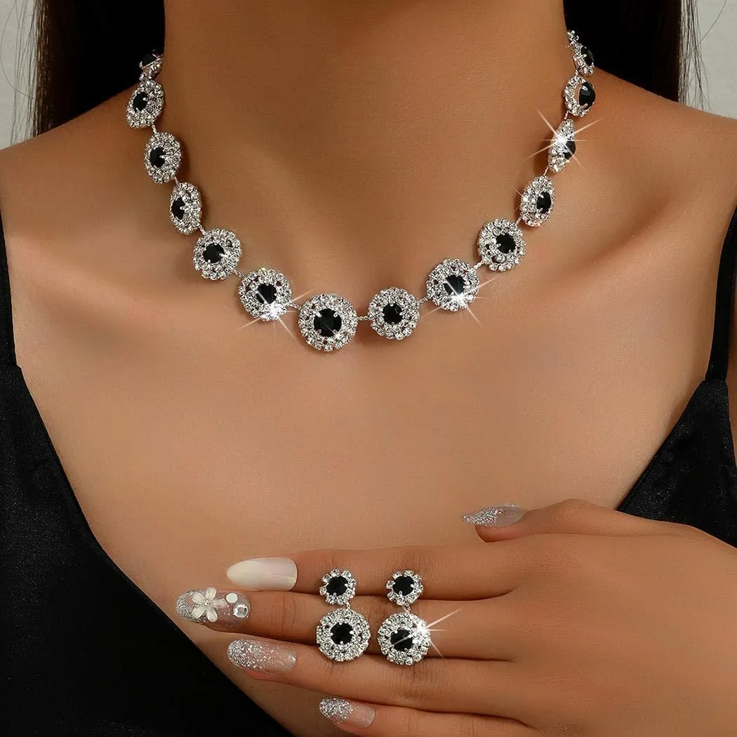 Unicra Bridal Wedding Jewelry Set Silver Rhinestone Necklace Earrings Sets Formal Costume Jewelry for Women and Brides