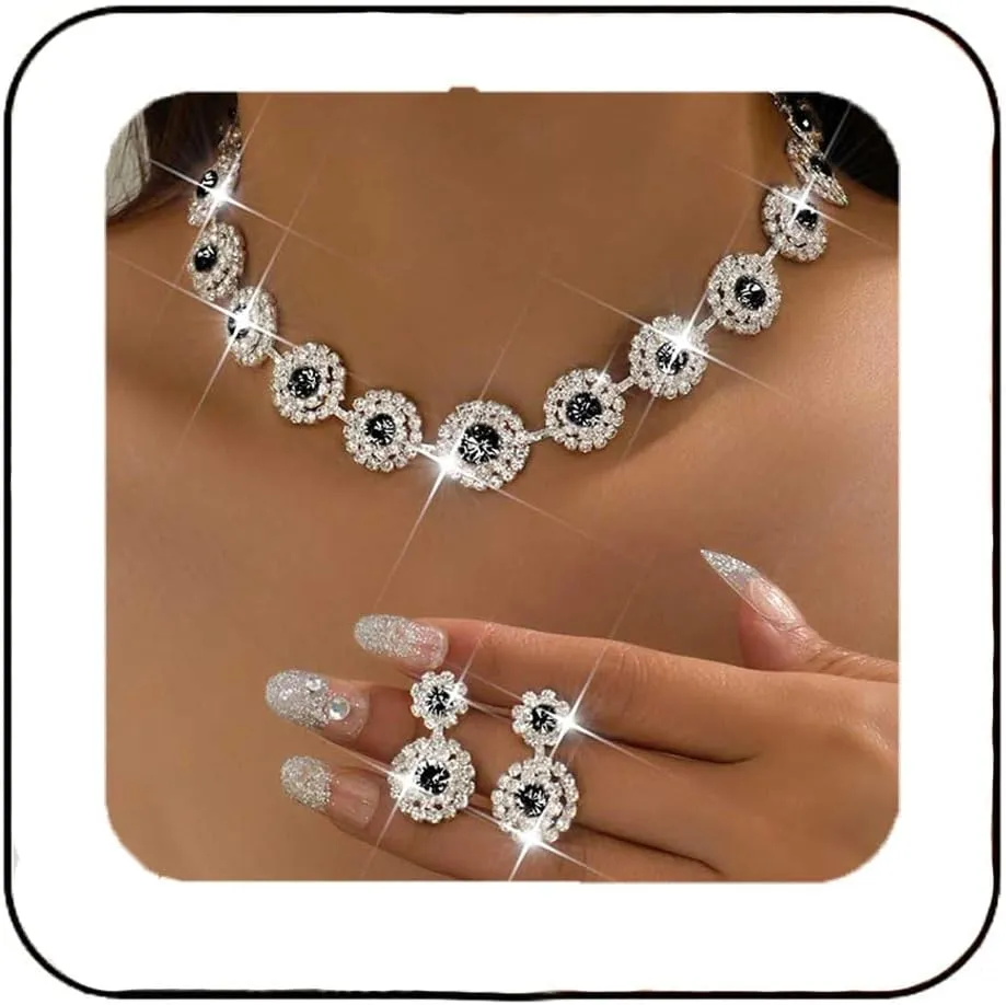 Unicra Bridal Wedding Jewelry Set Silver Rhinestone Necklace Earrings Sets Formal Costume Jewelry for Women and Brides
