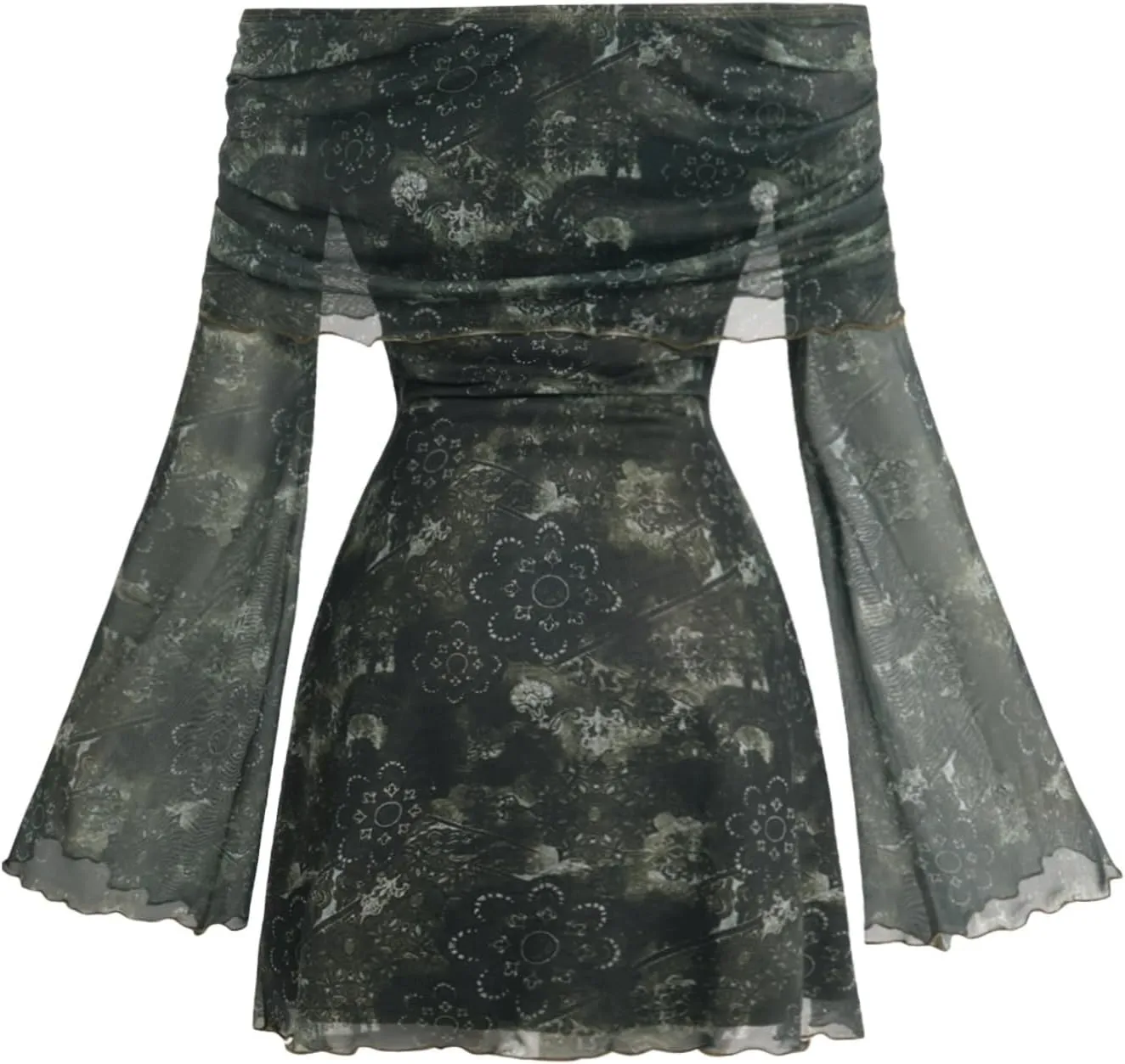 Verdusa Women's 70s Vintage Floral Off The Shoulder Dress Foldover Long Sleeve Bodycon Mini Dress