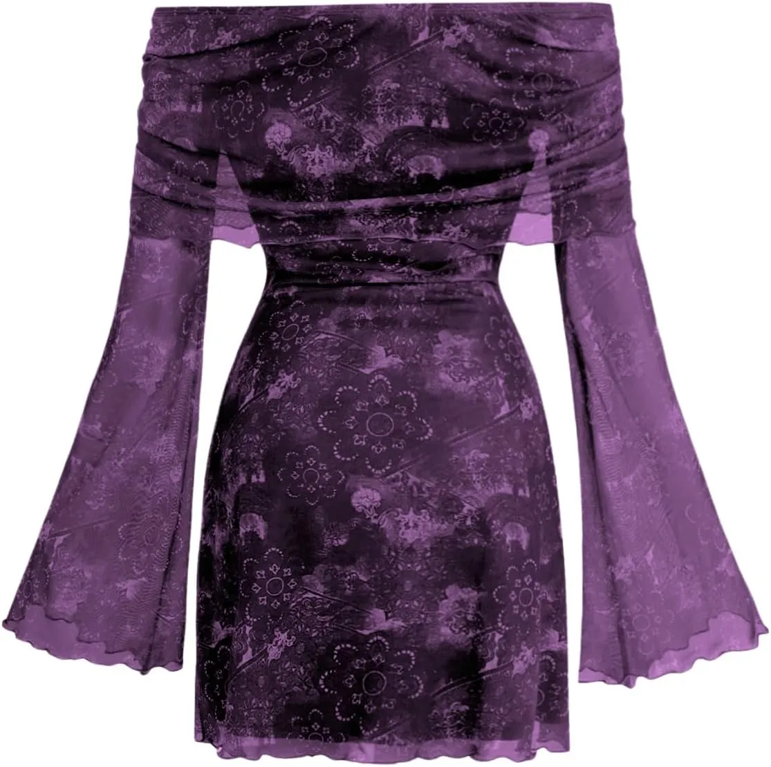 Verdusa Women's 70s Vintage Floral Off The Shoulder Dress Foldover Long Sleeve Bodycon Mini Dress