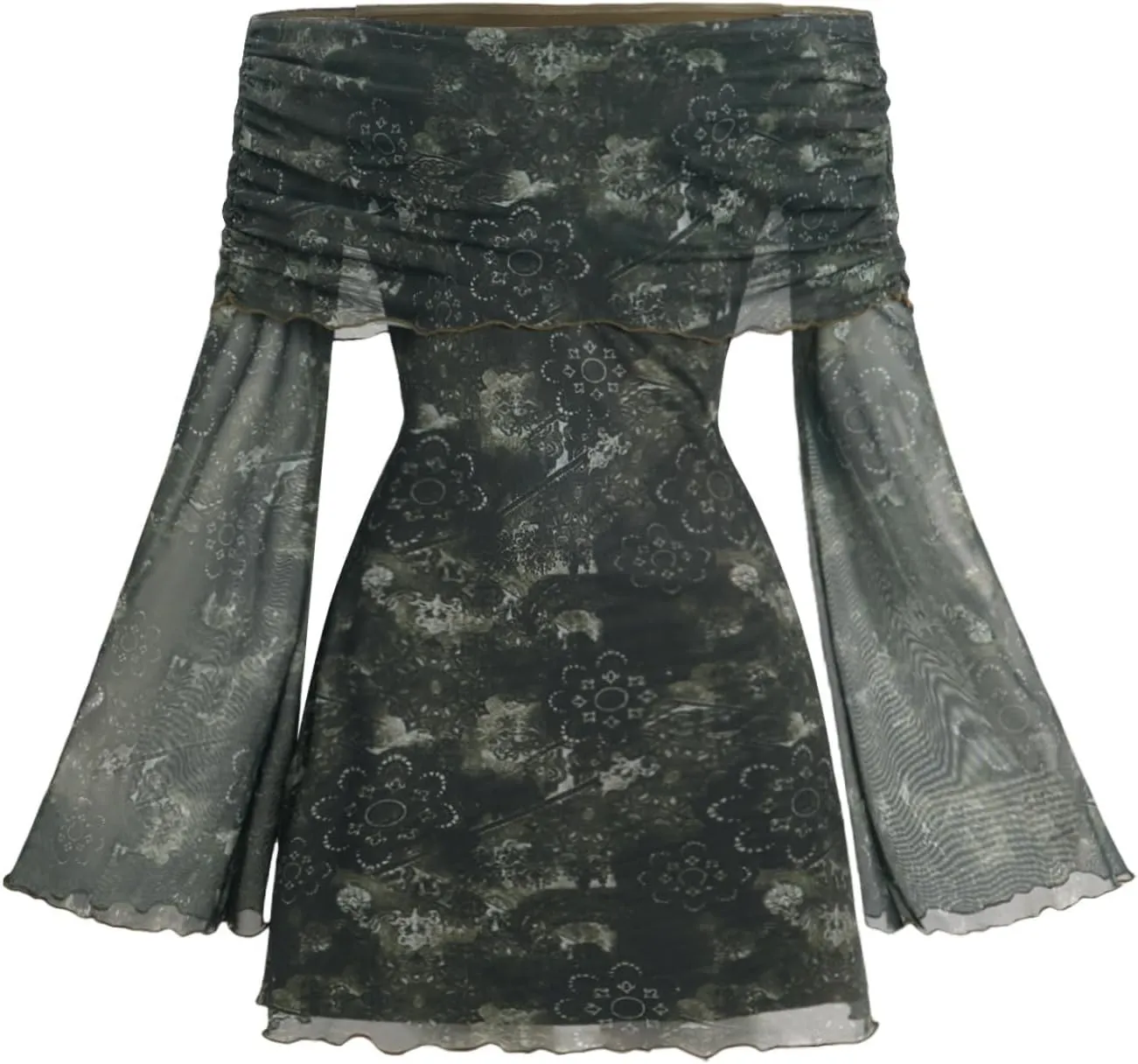 Verdusa Women's 70s Vintage Floral Off The Shoulder Dress Foldover Long Sleeve Bodycon Mini Dress