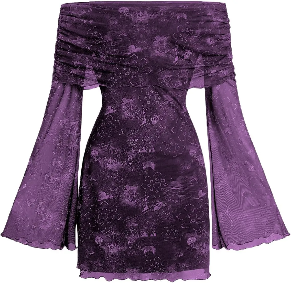 Verdusa Women's 70s Vintage Floral Off The Shoulder Dress Foldover Long Sleeve Bodycon Mini Dress