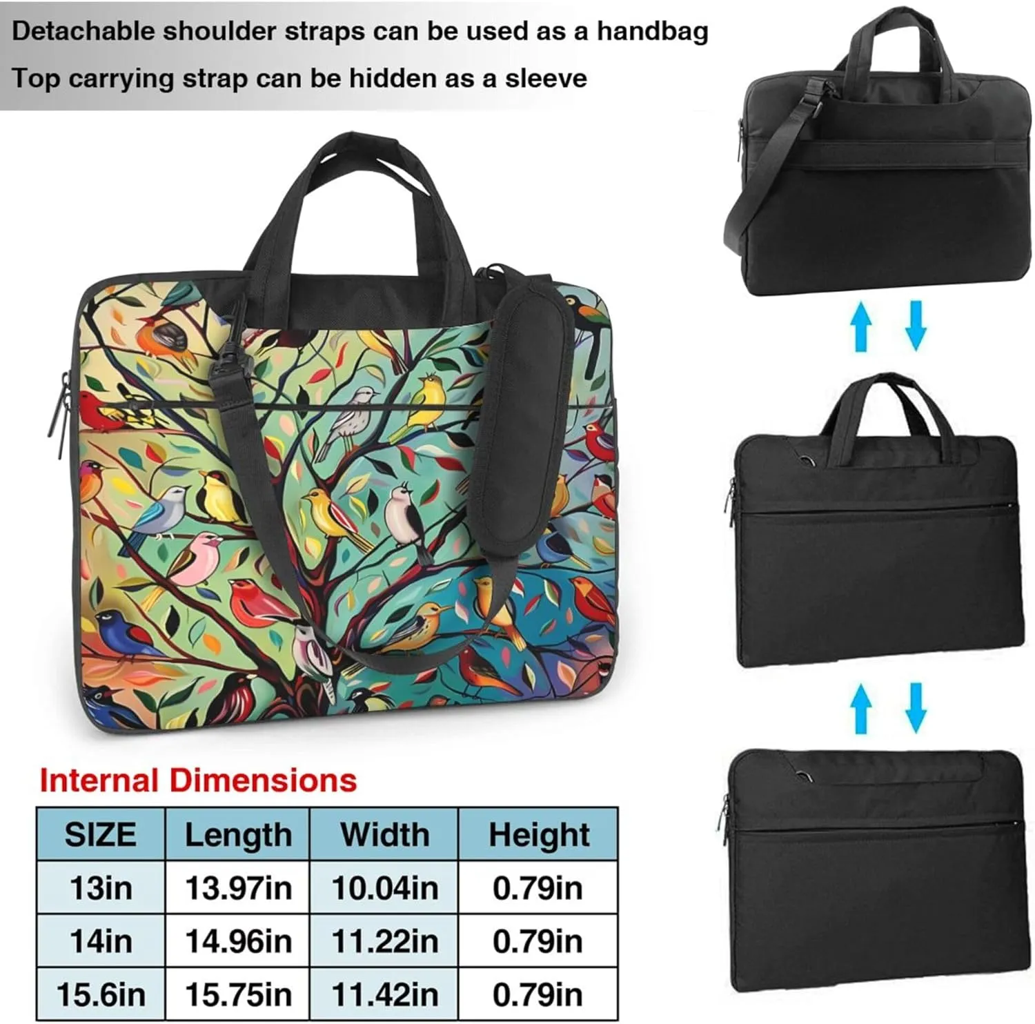 Vibrant Colored Bird Branches Laptop Shoulder Bag for Women, Bird Tree Laptop Sleeve Case Computer Bag