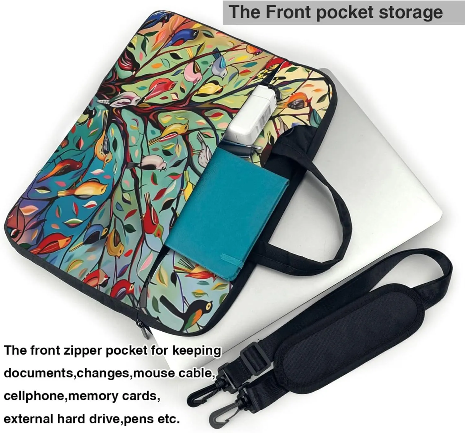 Vibrant Colored Bird Branches Laptop Shoulder Bag for Women, Bird Tree Laptop Sleeve Case Computer Bag