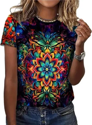 Vibrant Floral Print T Shirt for Women Vintage Rainbow Floral Tie-Dye Shirt Casual Holiday Plant Short Sleeve Tops