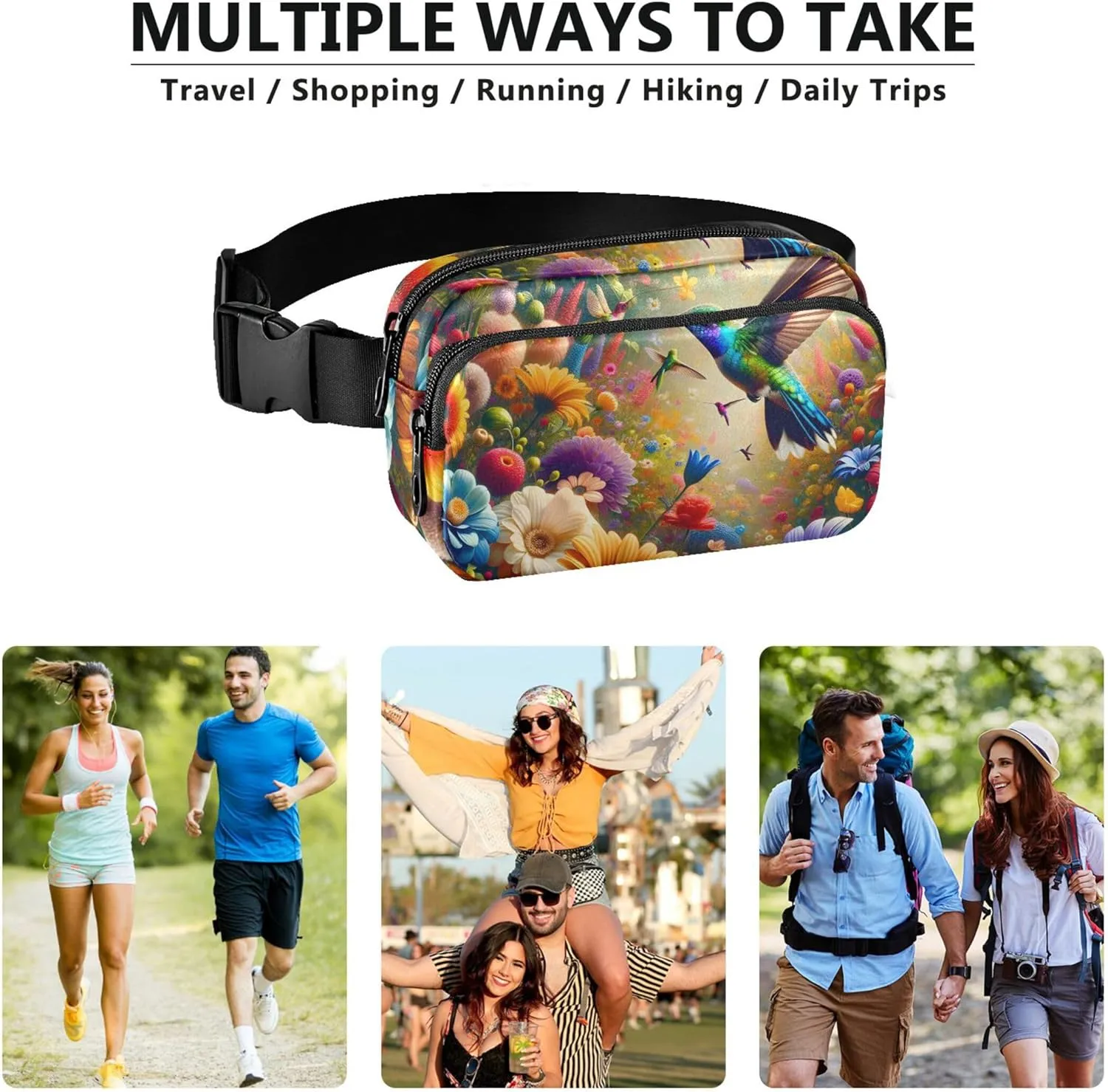Vibrant Hummingbirds Flowers Colorful Women Fanny Packs Waterproof Hip Pouch Belt Bag Cute Travel Waist Pouch