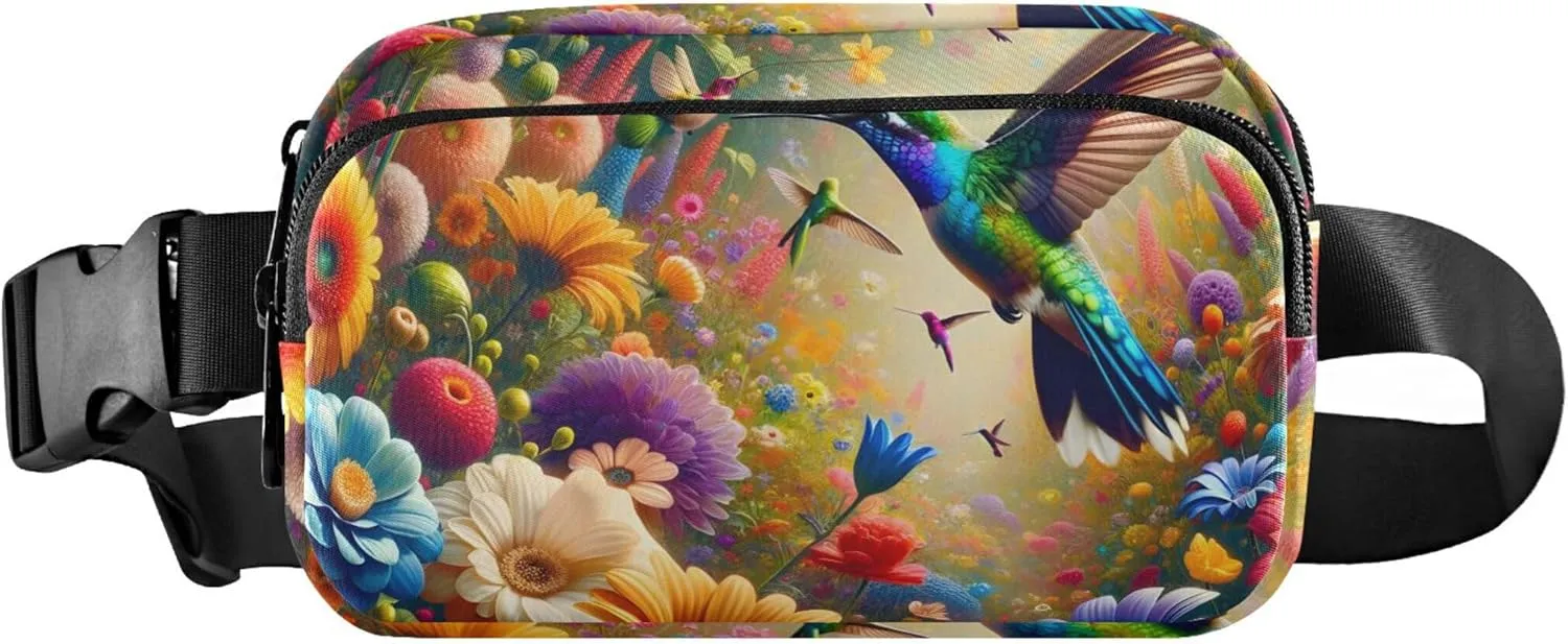 Vibrant Hummingbirds Flowers Colorful Women Fanny Packs Waterproof Hip Pouch Belt Bag Cute Travel Waist Pouch