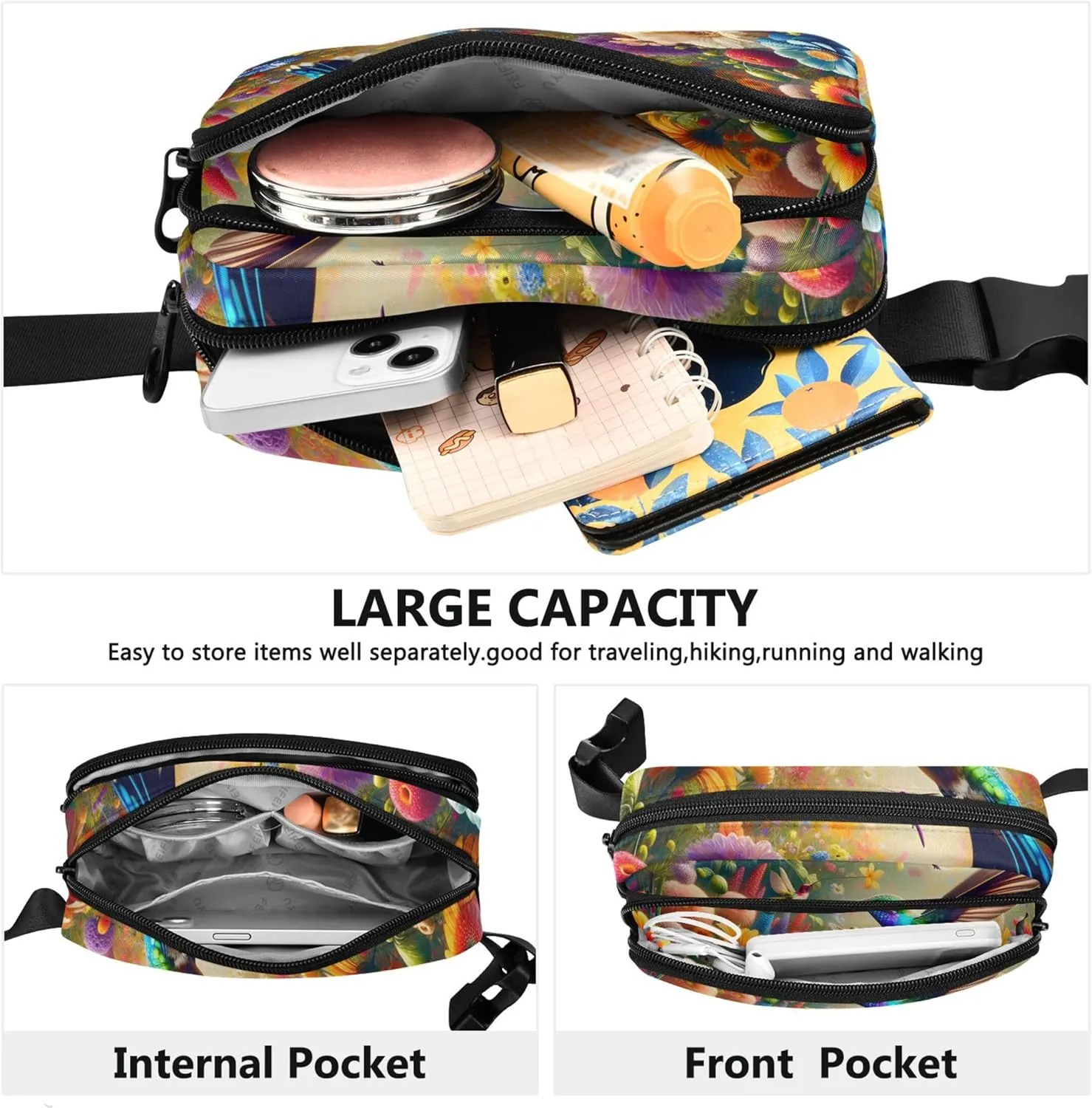 Vibrant Hummingbirds Flowers Colorful Women Fanny Packs Waterproof Hip Pouch Belt Bag Cute Travel Waist Pouch