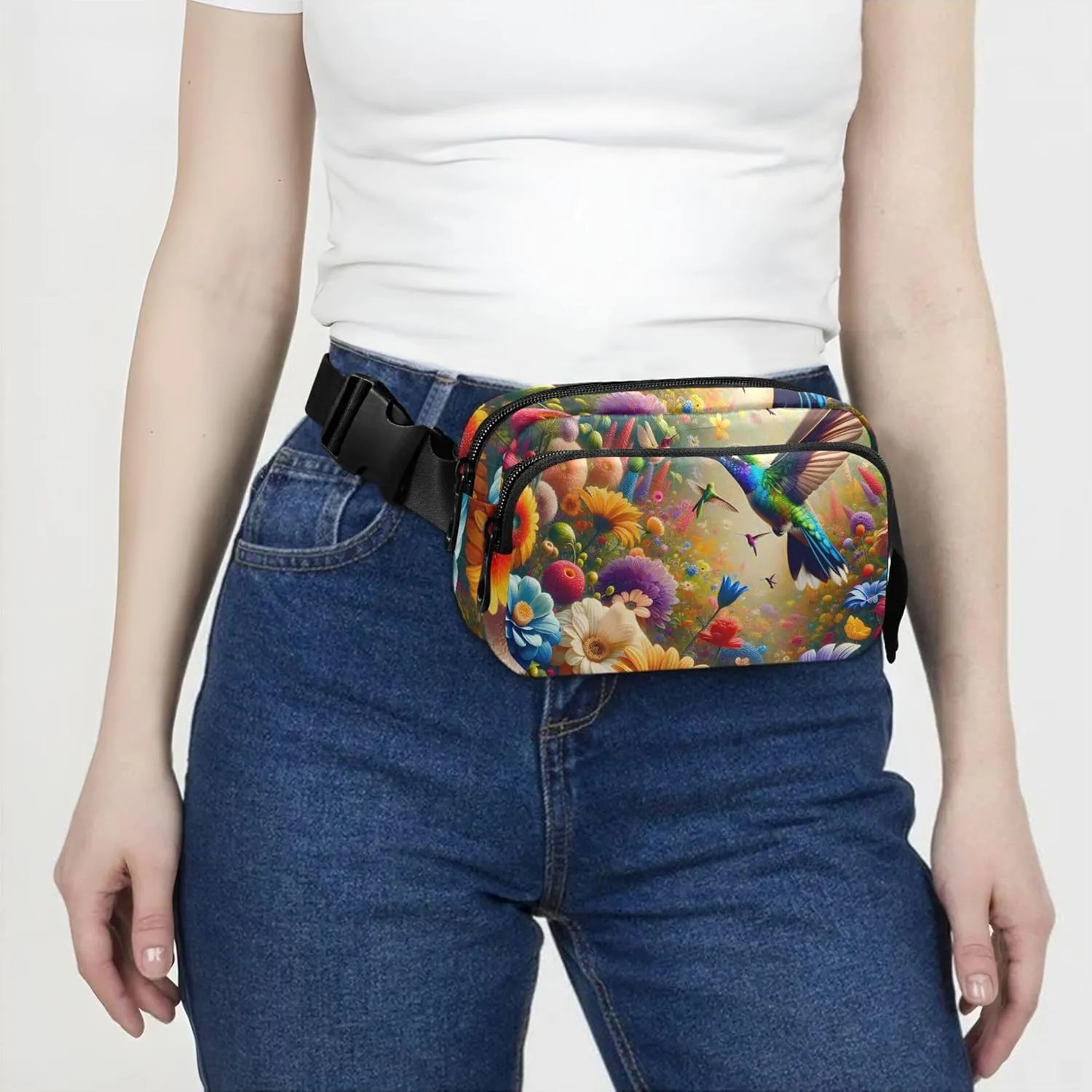 Vibrant Hummingbirds Flowers Colorful Women Fanny Packs Waterproof Hip Pouch Belt Bag Cute Travel Waist Pouch