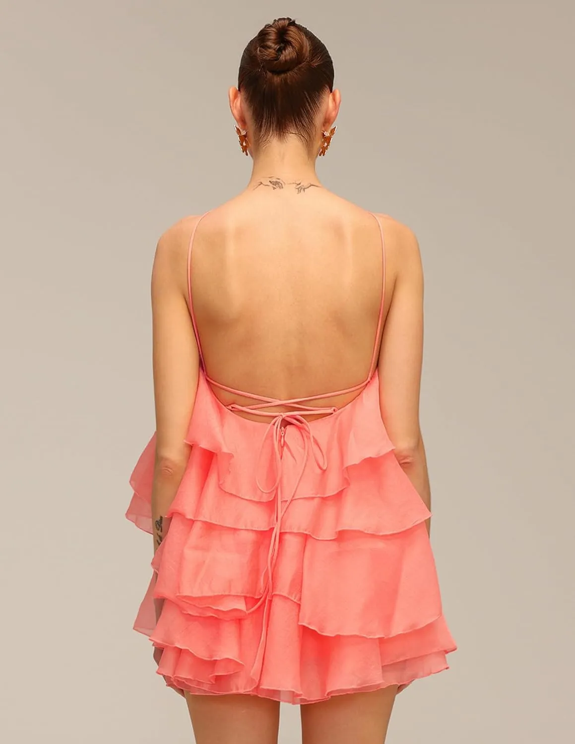 Vibrant Pink Flower Ruffle Floral Halter Tiered Dress Women Mini Birthday Party Vacation Dress
