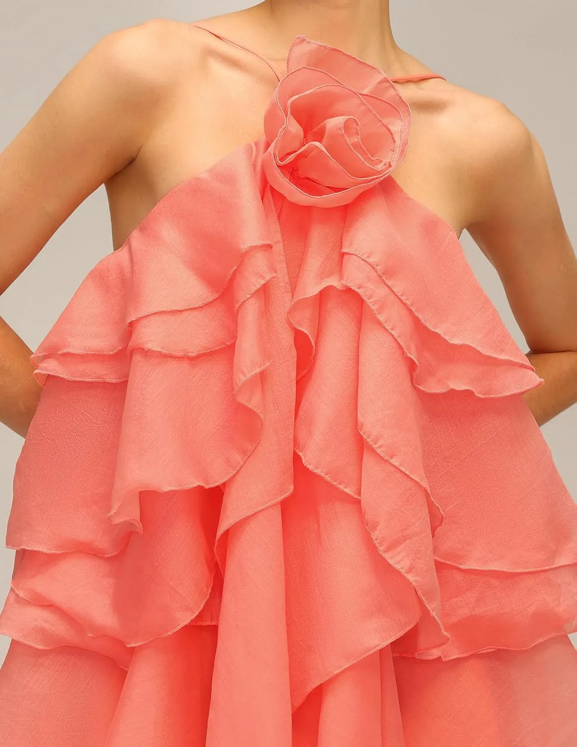 Vibrant Pink Flower Ruffle Floral Halter Tiered Dress Women Mini Birthday Party Vacation Dress