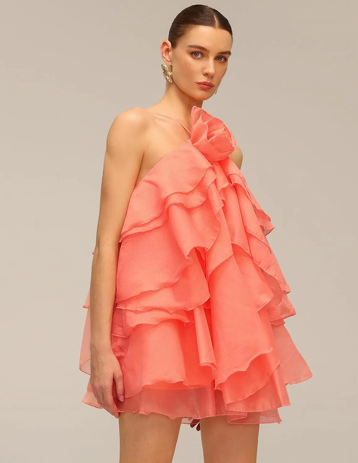 Vibrant Pink Flower Ruffle Floral Halter Tiered Dress Women Mini Birthday Party Vacation Dress