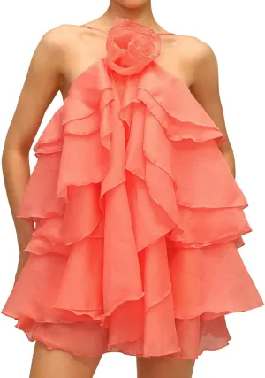 Vibrant Pink Flower Ruffle Floral Halter Tiered Dress Women Mini Birthday Party Vacation Dress