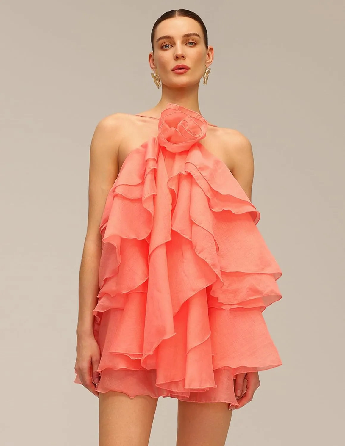 Vibrant Pink Flower Ruffle Floral Halter Tiered Dress Women Mini Birthday Party Vacation Dress