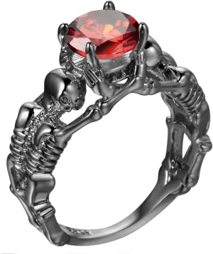 Vintage Rings for Women, Jewelry Ring Skulls with Red Cubic Zirconia Black Memorial Jewelry for Women