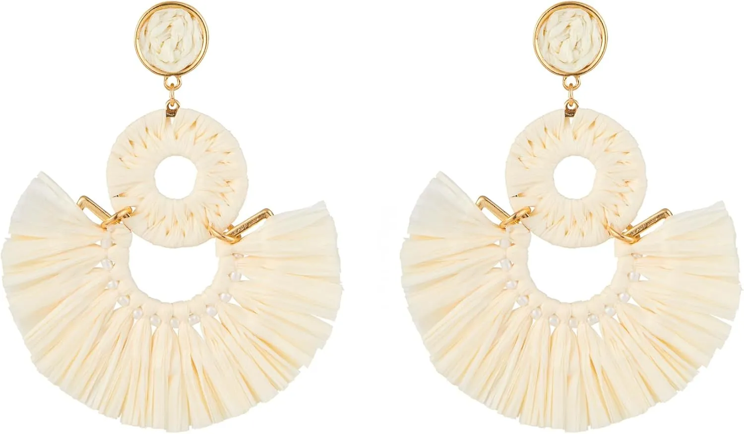Viva Joya Large Boho Raffia Fan Tassel Drop Dangle Earrings for Women, Handmade Lightweight Woven Beach Statement Jewelry